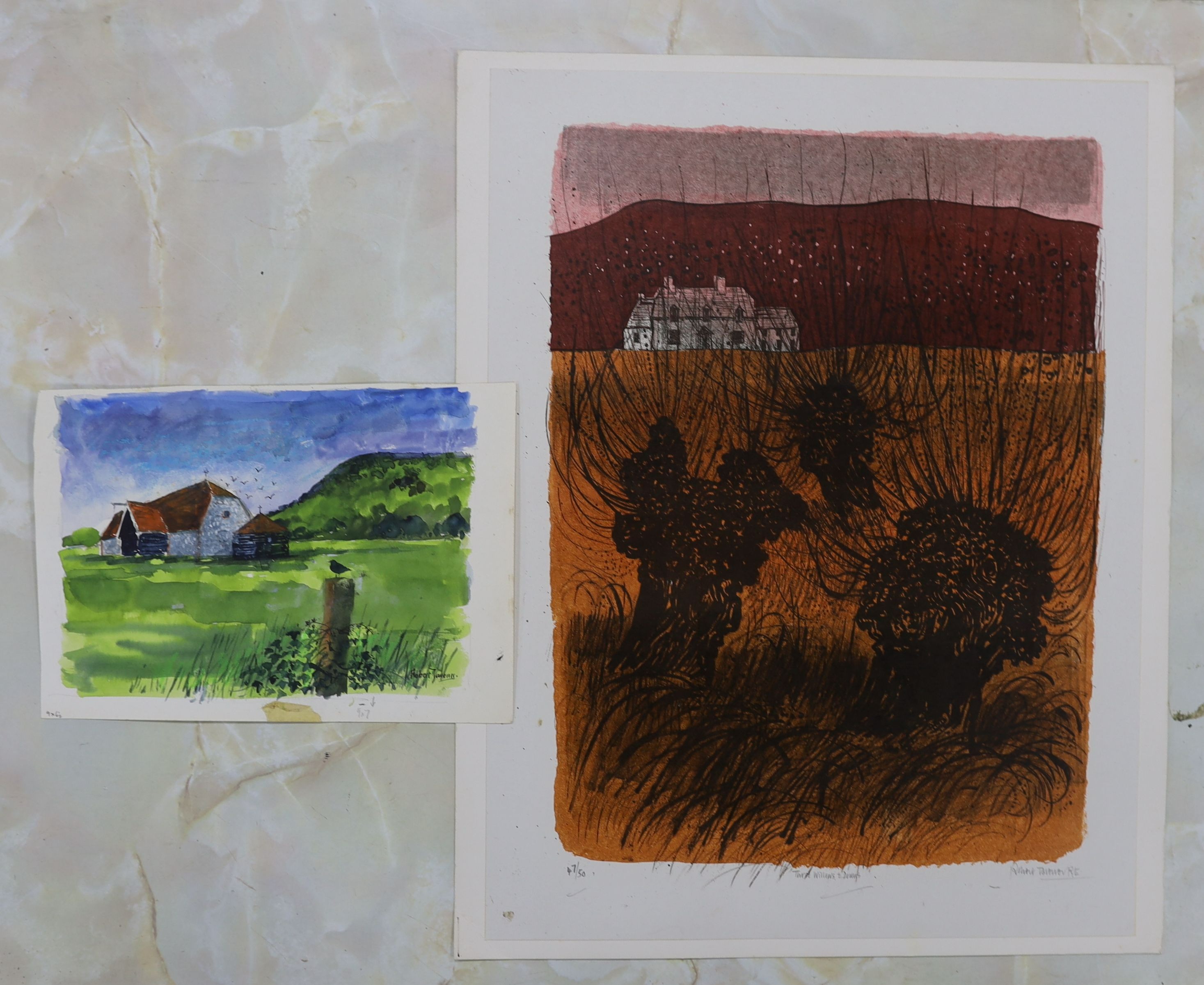 Robert Tavener (1920-2004), lithograph, 'Three Willows and Downs', signed in pencil, 47/50, 50 x 38cm and a watercolour sketch of a barn, 19 x 26cm, both unframed